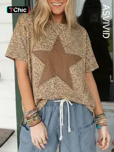 Women's Casual Everyday Leopard Print Retro Studded Star Patch T-Shirt, Short Sleeve Top, Fit, Comfortable & Stylish