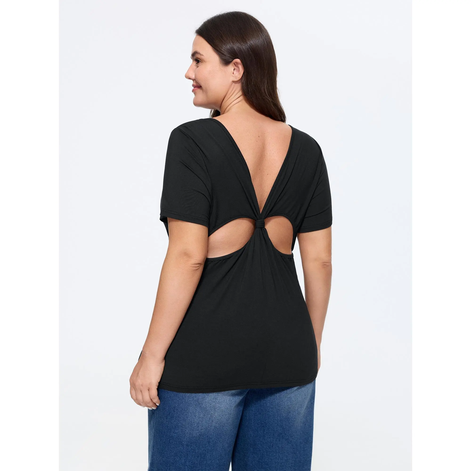 BLOOMCHIC Women's Plus Size Basic Shortsleeve Spandex Fabric Garment, Minimalist Knotted Back Cut-Out Fitted Plain T-Shirt [M-6X] - 2026 Summer Vacation Outfits Top (Plus Size Clothes)