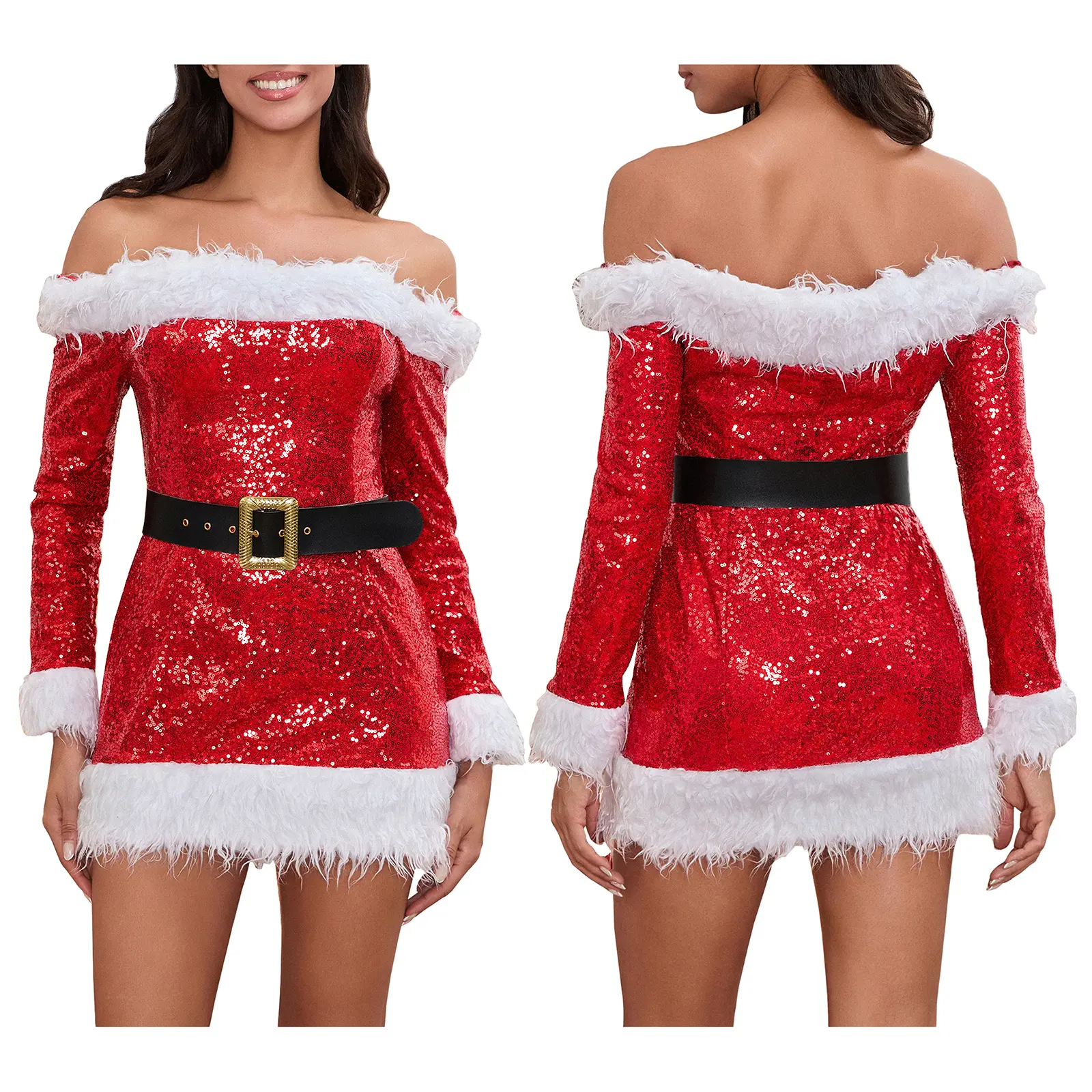 Women's Christmas Santa Dress Deluxe Mrs. Claus Costume Off Shoulder Long Sleeve Bodycon Mini Dress