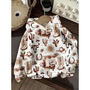 Bandit Top Vintage Western Cowboy Pattern, Back-To-School Printed Hoodie, Fall & Winter Streetwear, Casual Individuality Trendy