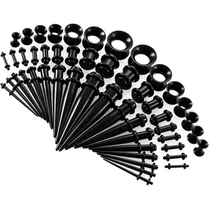 50 count Ear Stretching Kit  Tapers Plugs &  Tunnels 14G-00G, Black Ear Gauges Kit for Men Women, Lightweight Starter Ear Expander Set
