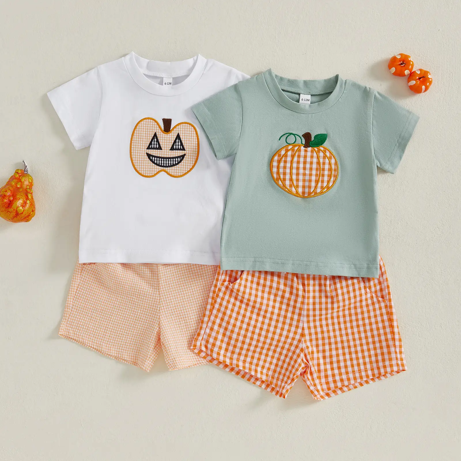 Kids Toddler Baby Boys Halloween Outfits Pumpkin Short Sleeves T-Shirt and Plaid Shorts Set 2 Piece Clothes Set