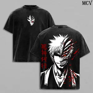 Ichigo Kurosaki Tee Washed – Bleach Soul Reaper Bankai Vintage Washed Heavy Cotton Oversized Anime Manga T-Shirt, Double Printed Retro Unisex Streetwear Graphic Top, Hollow Ichigo Dark Shinigami Edition, Washed Hoodie & T-Shirt Option