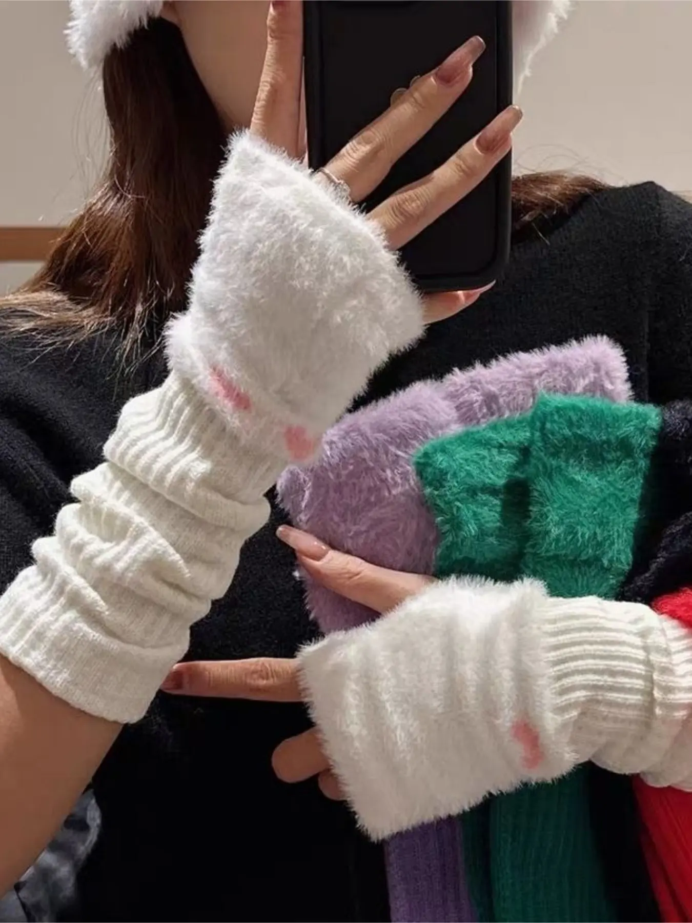 Women's Winter Fingerless Gloves with Cute Arm Sleeves - Knitted Long Pile Arm Warmers for Protection