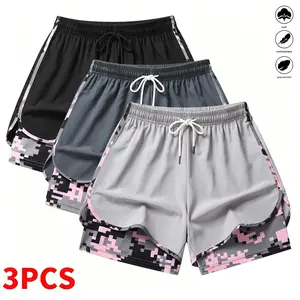 3-pack women’s casual athletic shorts featuring built-in lining, drawstring design, and elastic waistband; suitable for outdoor sports, fitness, running, and everyday wear; women’s shorts, athletic shorts, women’s apparel