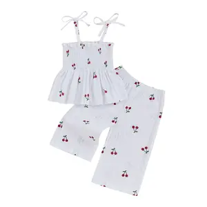 Toddler Girl Summer Outfits Cherry Print Tie-Up Spaghetti Strap Sleeveless Tank Tops Wide-Leg Pants 2Pcs Clothes Set