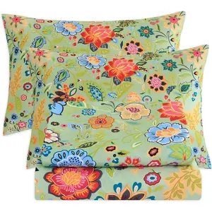 Queen Sheet Ultra,, Silky Flower Deep Pocket 100% Microfiber, 4 Queen Size with Floral Sage Green
