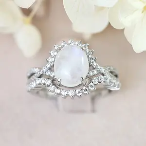 Janefashions Oval Natural Moonstone CZ Diamond Engagement Ring and Wedding Band 2pcs Bridal Ring Set 925 Sterling Silver Size 4-9 S14272