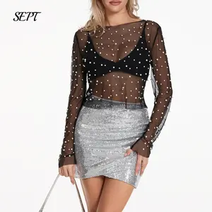 Women Sheer Mesh Tops Sexy Long Sleeve Crew Neck Pearls Shirts Y2k Aesthetic See Through Blouse Tee Party Clubwear