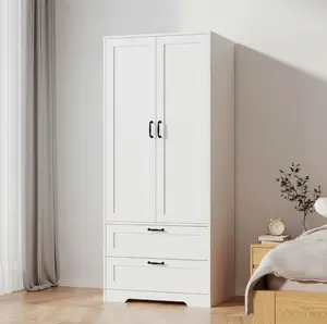 Wooden Storage Cabinet with Double Doors Two Drawers Adjustable Shelves Hangers for Bedroom Living Room Modern Minimalist Design Armoire Combo Wardrobes
