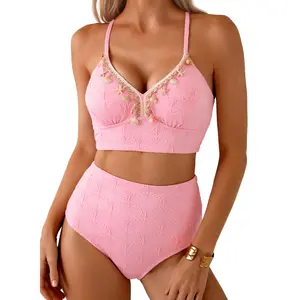 Aleumdr Women's Seashell Textured Bikini Sets Stitching Ribbon Shell Decoration Swimsuits High Waisted Bathing Suits SwimWeek