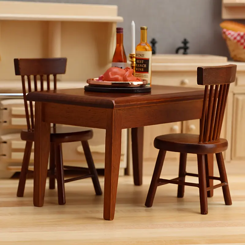 1:12 Miniature Dining Table Set with 2 Chairs Deep Brown Wood Grain A-Frame Design for Dollhouse Kitchen Living Room DIY Scene Photography, Perfect Collector Gift, Miniature Furniture