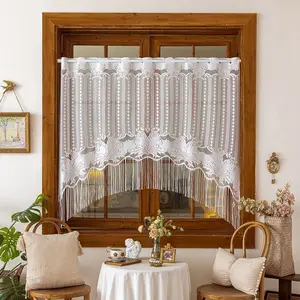 French European Lace Kitchen Partition Curtain, Embroidered Flower Coffee Door Curtain, Short Window Curtains, Cabinet Decoration