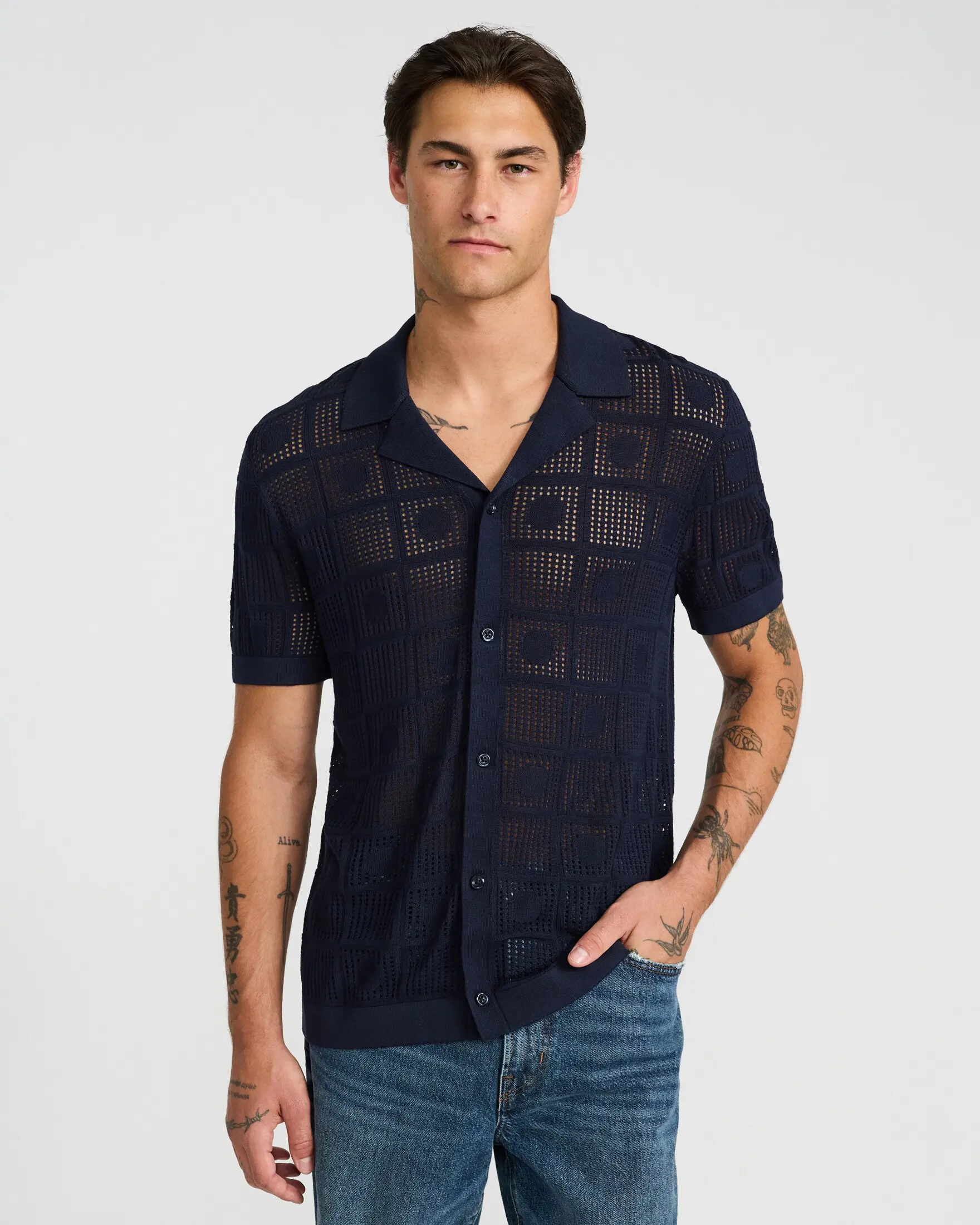 Express Men's Luxtouch Textured Checkerboard Sweater Polo, Short Sleeve Casual Knit Viscose Camp Collar Shirt, Hand Wash, Checkered, Patterned Jersey Polo Shirts, Tops, Rayon, Open Knit, Textured Grid, Button, Button Front, M