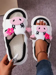 Cute Cow Print Flax Slippers for Women, Non-Slip Indoor House Shoes, Summer and Fall Comfortable Wear, Soft and Absorbent Rubber Sole