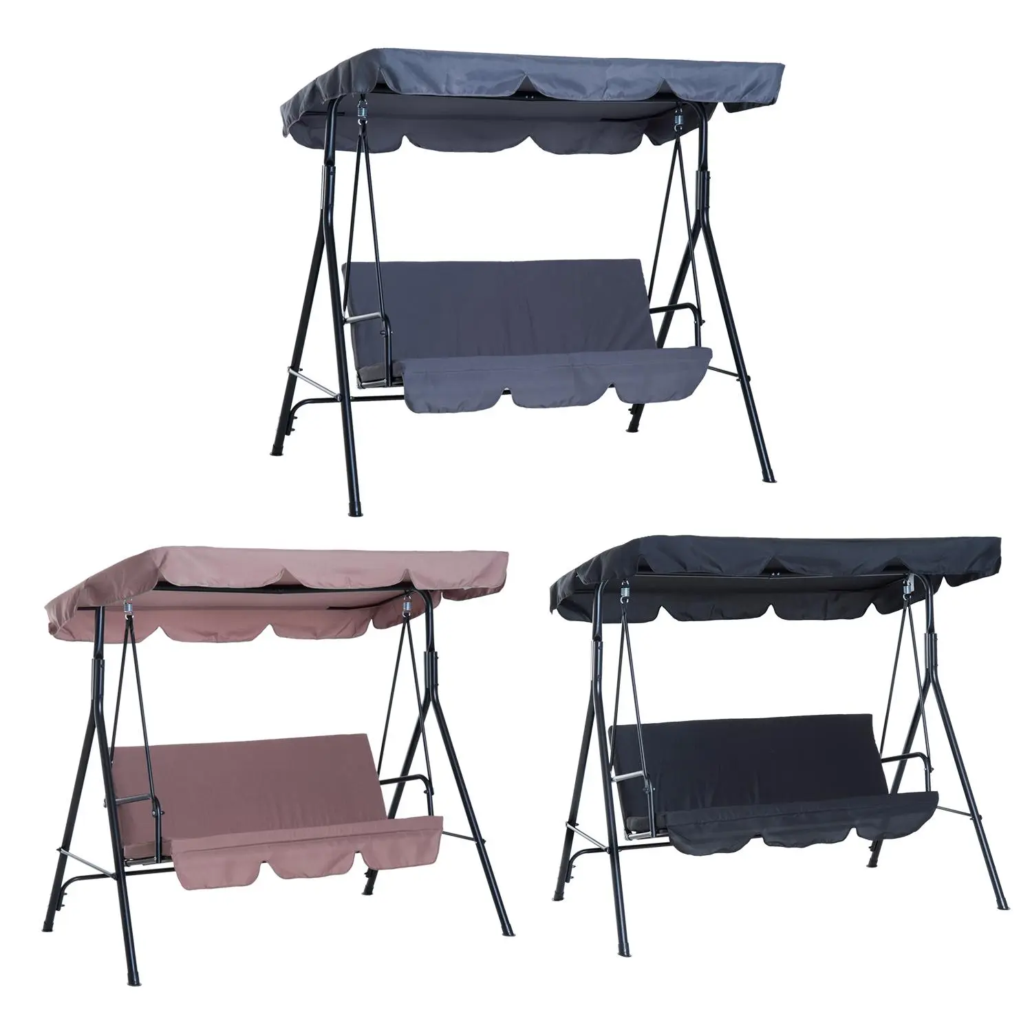 Outsunny 3-Seat Outdoor Patio Swing Chair with Removable Cushion, Steel Frame Stand and Adjustable Tilt Canopy for Patio, Garden, Poolside, Balcony, Backyard, Foot Pads, Polyester Cloth
