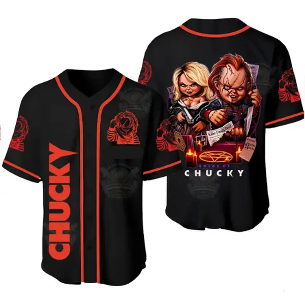 Characters Baseball Jersey, Wanna Play Chucky Shirt Personalized Custom Name Halloween Shirt Jerseys Breathable Men's Baseball Jersey 3D Printed Unisex Horror Tiffany and Chucky Outfit For Halloween Movie Gift Shirt Fan