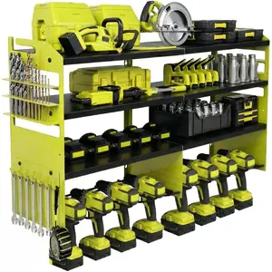 Power Tool Organizer Wall Mount, Heavy Duty 600lbs Metal Tool Storage Rack With Side Accessory Mounting Studs, 4-Tier Garage Drill Holder &  Station for 8 Drills, Green