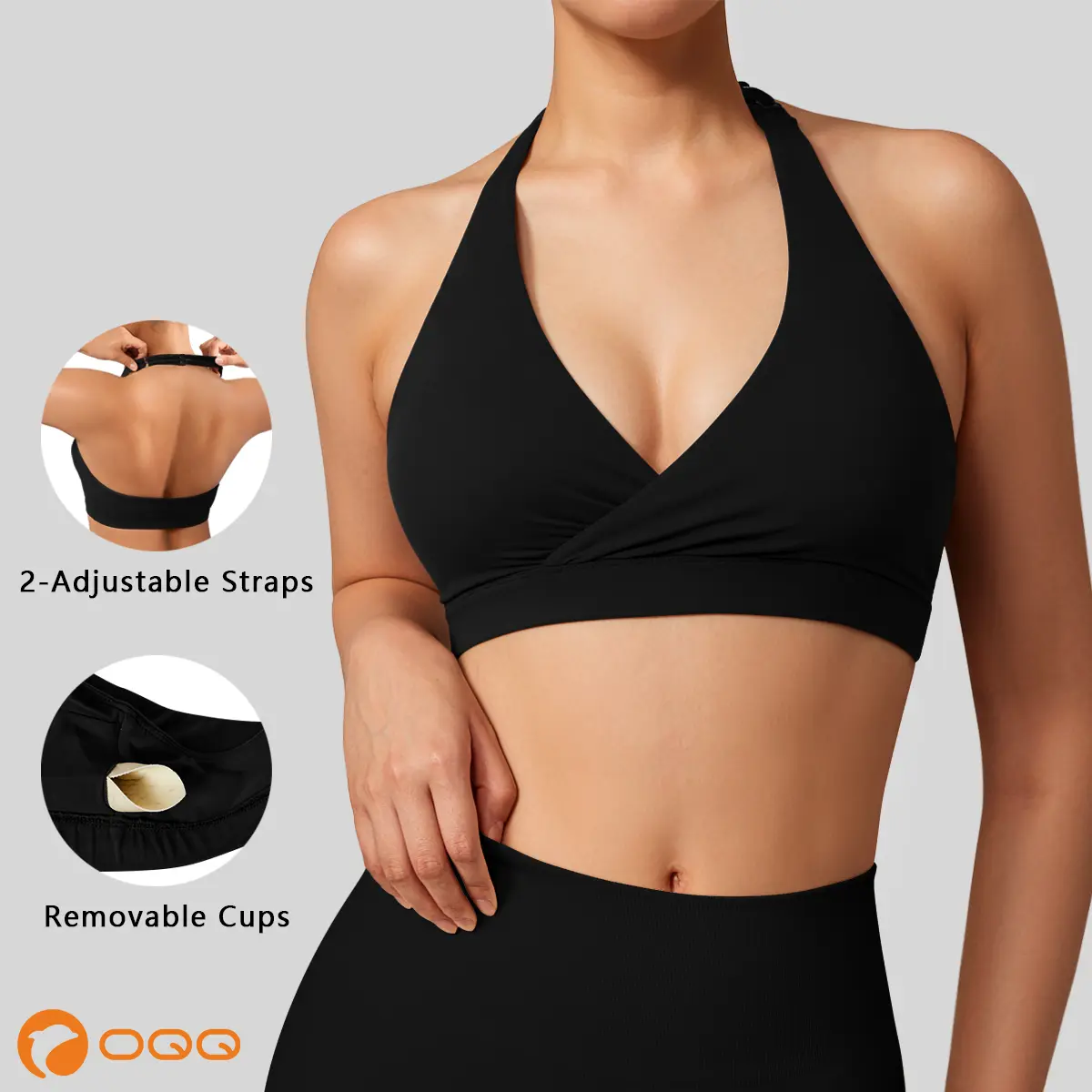 OQQ Women's Halter Neck Sports Bra for Women with Adjustable Straps & Removable Pads Open Back V Neck Bra OQQ Women's Halter Neck Sports Bra for Women with Adjustable Straps & Removable Pads Open Back V Neck Bra