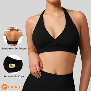 OQQ Women's Halter Neck Sports Bra for Women with Adjustable Straps & Removable Pads Open Back V Neck Bra