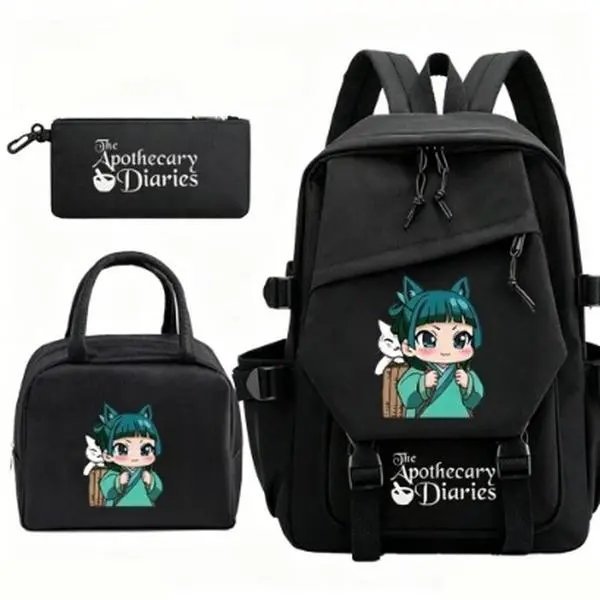 3PCS Black Apothecary Backpack Set, White Cat Cartoon Print School Bag + Insulated Lunch Bag + Pencil Case, Waterproof Oxford Large Capacity Daypack for Anime Girls Fans