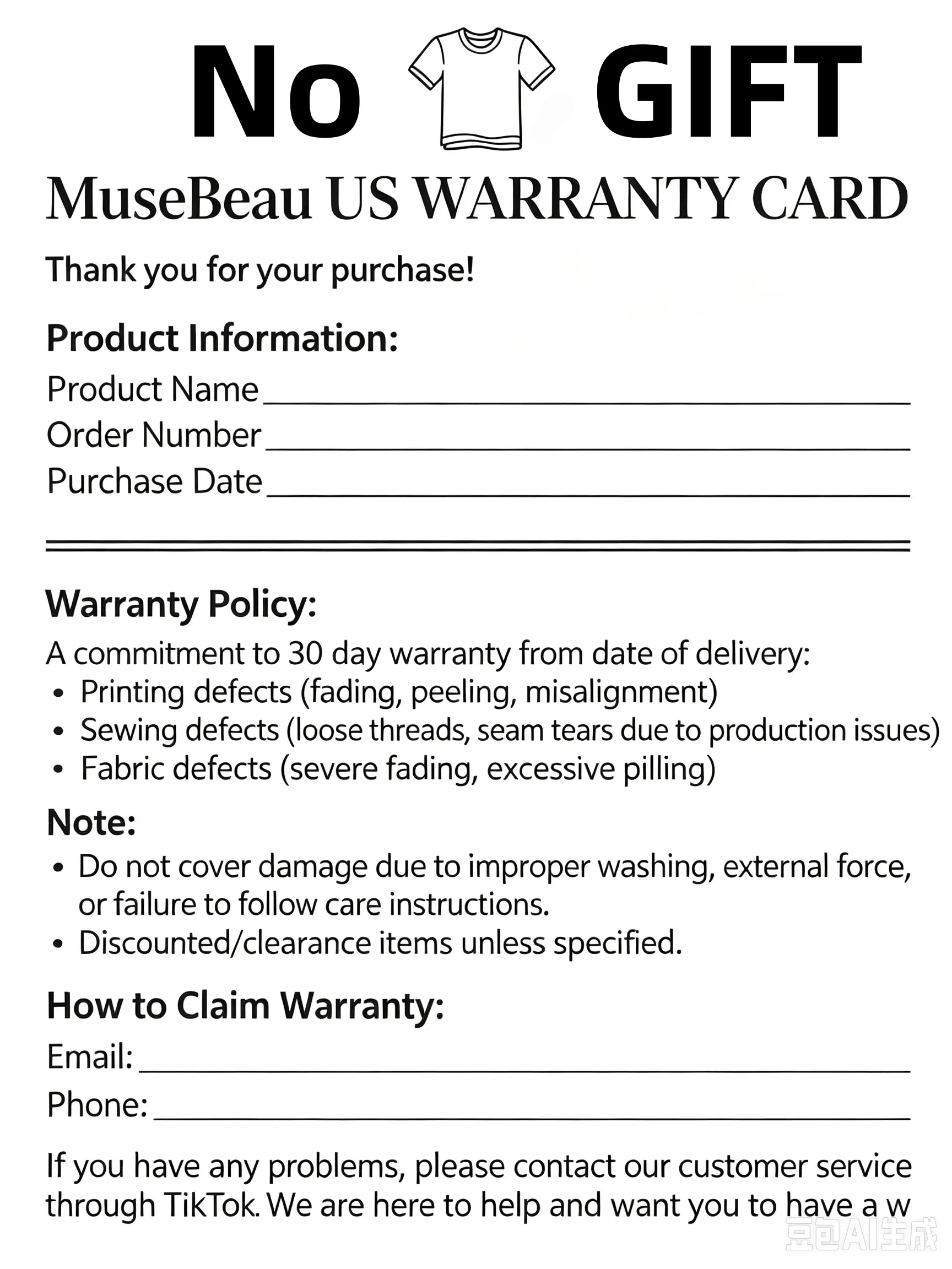 5-1 No Gift MuseBeau US fast shipping 100% cotton T-shirts Warranty Card 1