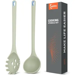 Silicone Spaghetti Spoon & Soup Ladle Cooking Utensils Set of 2, No Scratch for Nonstick Cookware, BPA Free, 450℉ Heat Resistant (Green)