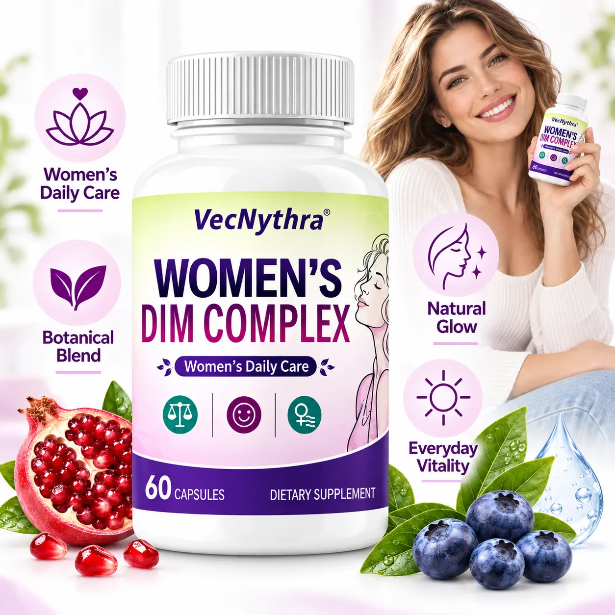 Women’s DIM Complex Capsules with Zinc, Copper, Vitamin B3, B6, Hyaluronic Acid, Pomegranate & Blueberry Extract, Daily Wellness & Beauty Nutrition Support, 60 Capsules, 30-Day Supply