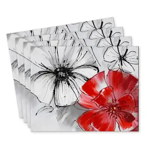 360 stand Floral Art Polyester Placemats and Coaster Set, 14x18in Stylish Red & White Flower Sketch Design, 4-Piece Kitchen Tableware for Home Decor, Four Pieces