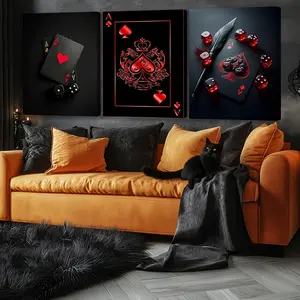 3Counts Wooden Framed Canvas, Red and Black Poker - Themed Poster, Fashion Living Room Decoration, Modern Art, Perfect Home Poster, Wall Art Murals, Apartment Dormitory, High Definition, Waterproof, Art, Unique Artwork