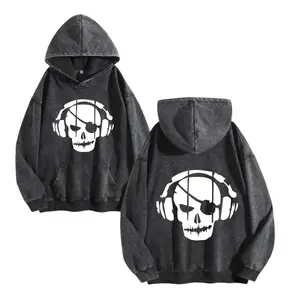 Make vintage long sleeved hooded sweatshirt Skull Headphones Pirate Unisex Washed Hoodie Front & Back Print Trendy men's tops