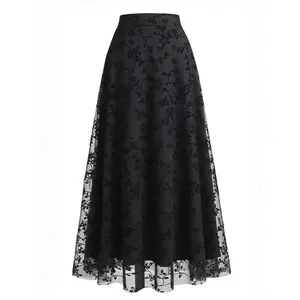 Women’s floral embroidered contrast mesh A-line skirt, elegant high-waisted midi skirt, suitable for parties, holidays, and wedding guests; women’s underwear suitable for all seasons