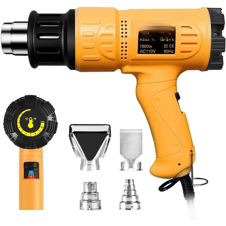 Heavy Duty 1800W Hot Air Kit with 4 x Nozzle, 122℉-1202℉ Variable Temperature Control, Overheat Protection, 5.2FT Cord, Manufacturer Warranty for Crafts, Shrinking PVC, 122℉ To 1202℉