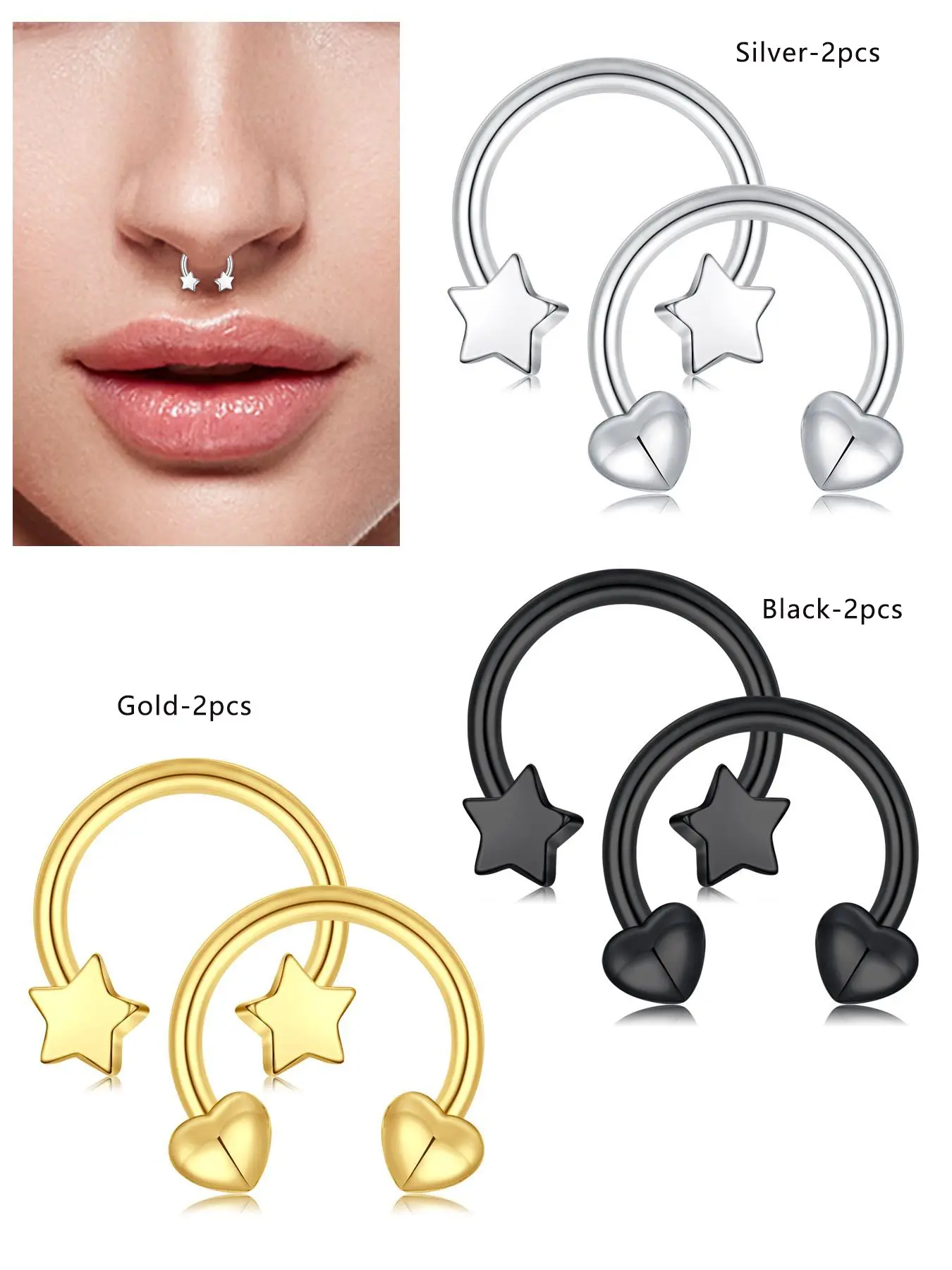 Stainless Steel Septum Ring, Star & Heart Design Nose Piercing Jewelry, Nose Rings Hoops for Women & Men, Fashion Jewelry for Party, Daily Decor, Birthday Gift, Chic Body Jewelry, Nose Piercing Kit