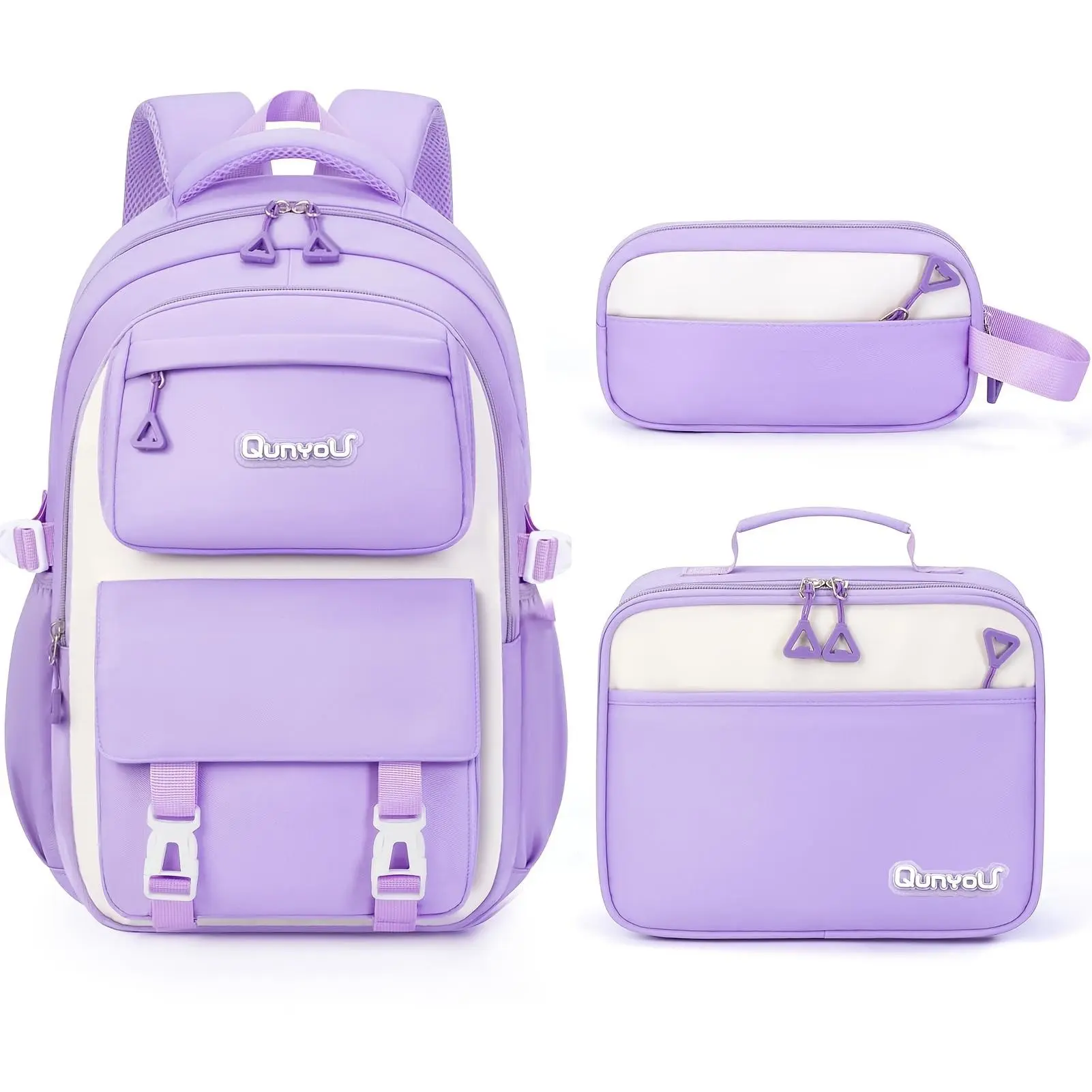 3 In 1 Light Purple Cream Color Block Backpack Set, Qunyou Logo Multi Pocket Girls School Backpack With Insulated Lunch Bag Pencil Case