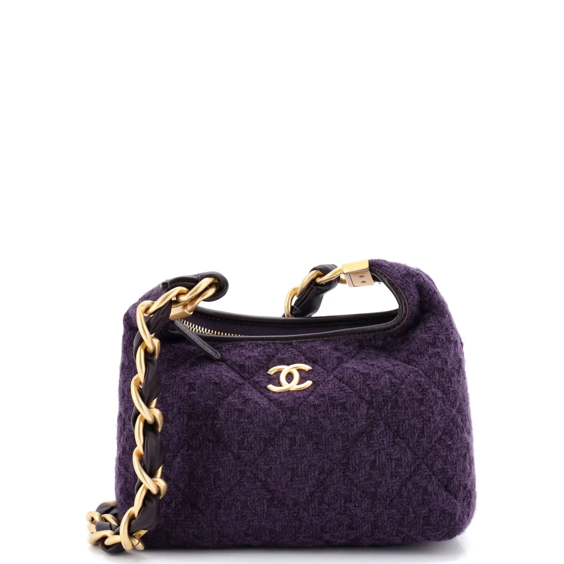 Pre-owned CHANEL Leather, Tweed Shoulder Bags CC Chunky Chain Zip Hobo Quilted Tweed and Lambskin Small by Rebag