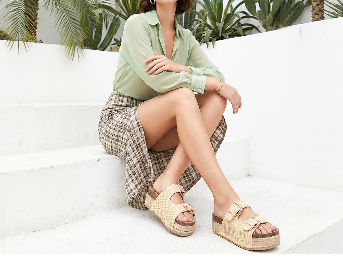 Comfortable Platform Slide Sandals for Women | Woven Straw Double Buckle Slippers | Chunky Summer Beach & Vacation Shoes