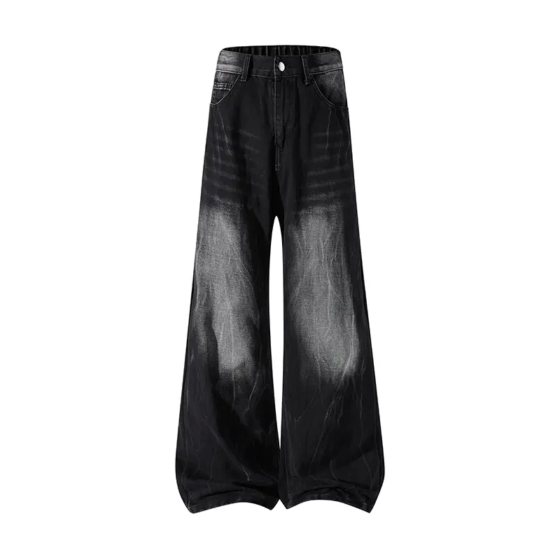 Men's Spring and Autumn Solid Color Vintage Washed Denim Pants, Loose Straight-Leg Workwear Casual Pants, Trendy New Floor-Length Jeans, Couple's Washed Wide-Leg Pants, Street Style Versatile Fashionable Men's Trousers, Men's Jeans Suitable for Everyday W