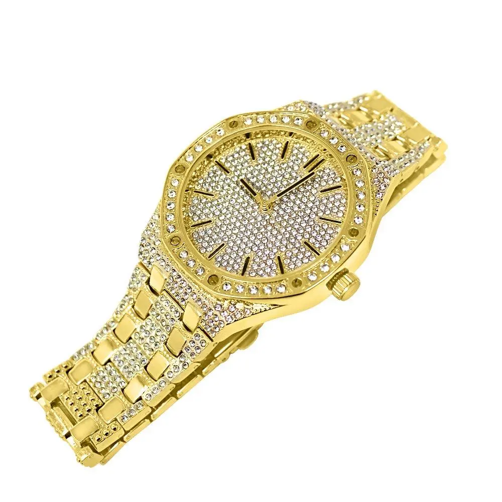 Women's Octagonal Bling Quartz Watch, Crystal-Iced Hip Hop Style with Analog Display - Gold, White or Rose Gold Plated, Quartz Wristwatches, Rhinestone Watches, White Gold