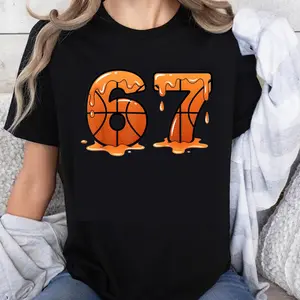 100% Cotton Basketball Dripping Orange Numbers Six Seven T-Shirt
