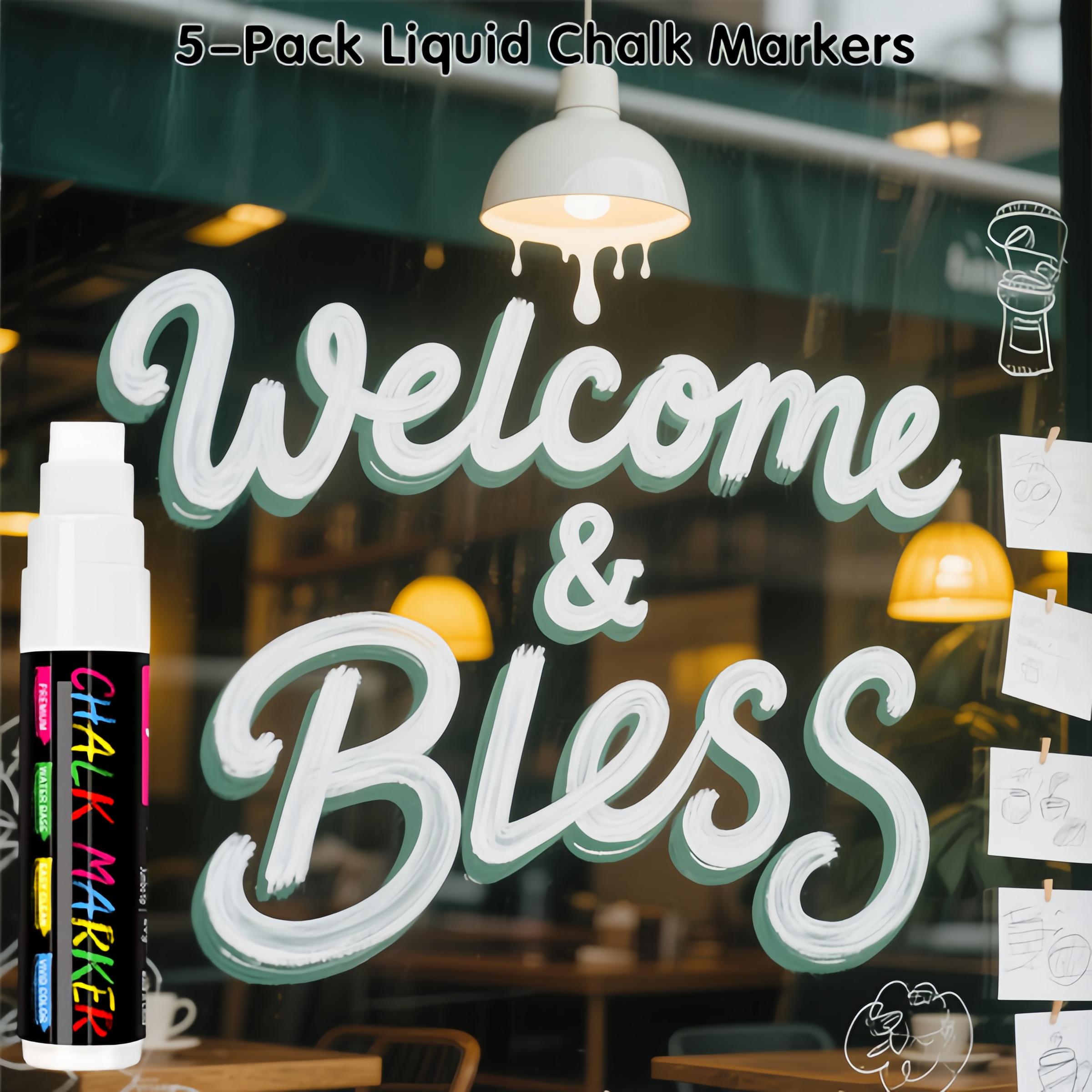 5 Pack White Liquid Chalk Markers – 5 Nib Sizes (0.7, 3, 6, 10, 15mm), Erasable & Washable Window Markers for Glass, Car Windows, Chalkboard, Menu Boards & Signs, Non-Toxic, Dust-Free for Home & School