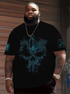 Men's Printed Graphic Fitted Streetwear T-Shirt, Large Grunt Style Circuit Skull Design, 100% Polyester Fabric, Casual Wear, Plus Size, Short Sleeve, All Seasons