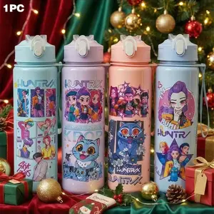 K-Pop Ghost Hunter Water Bottle 700ML, Cute Anime Style Tumbler with Straw & Lid, Leakproof Portable Drinkware, Perfect Gift for Kpop Fans