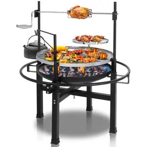 Multi-Functional Outdoor Round Iron Spray Black Charcoal Grill, Standing BBQ Cooking Station With Rotisserie Spit, Small Warming Rack & Anti-Scald Crank Handle, Rustproof Iron Barbecue Grill For Backyard Picnic Camping