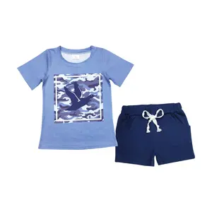 BSSO0479-Dive into Style: Duck Camo Blue Short Sleeve & Navy Pocket Shorts Set Kids Boy Set