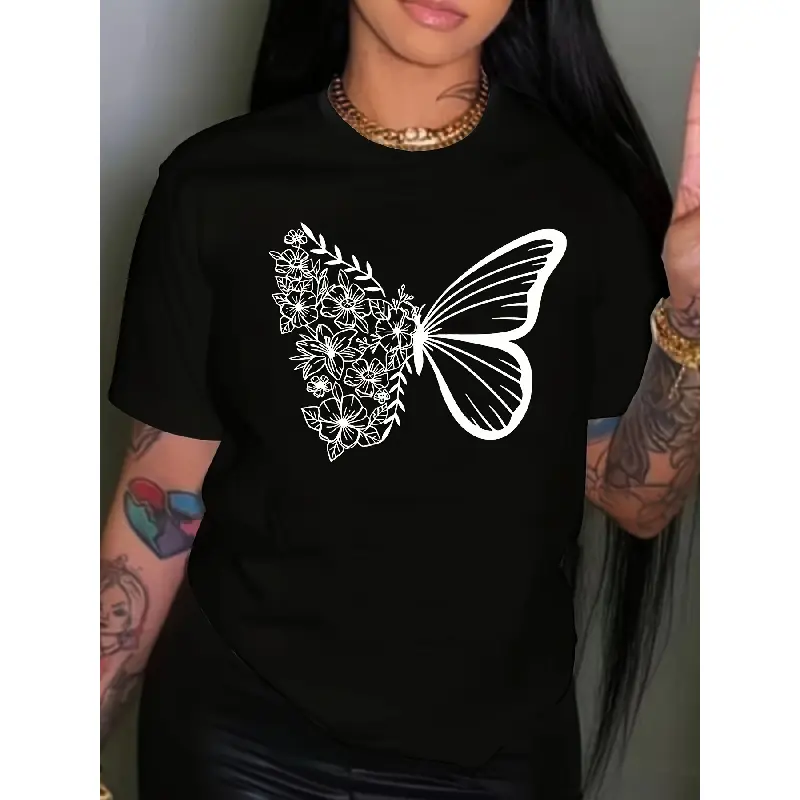 Women's Butterflies T-Shirt, Cute Printed Shortsleeve Athletic Top with Stretchy Moisture-Wicking Fabric for Easter & Thanksgiving, Tshirt, Valentines Day, Cotton Fabric