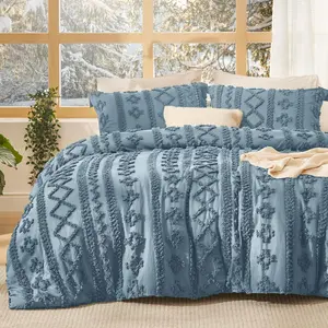 Tufted Boho Comforter Queen Size - Grayish Blue Boho,Farmhouse Embroidery, Gifts for Woman, Jacquard Queen Comforter for Seasons