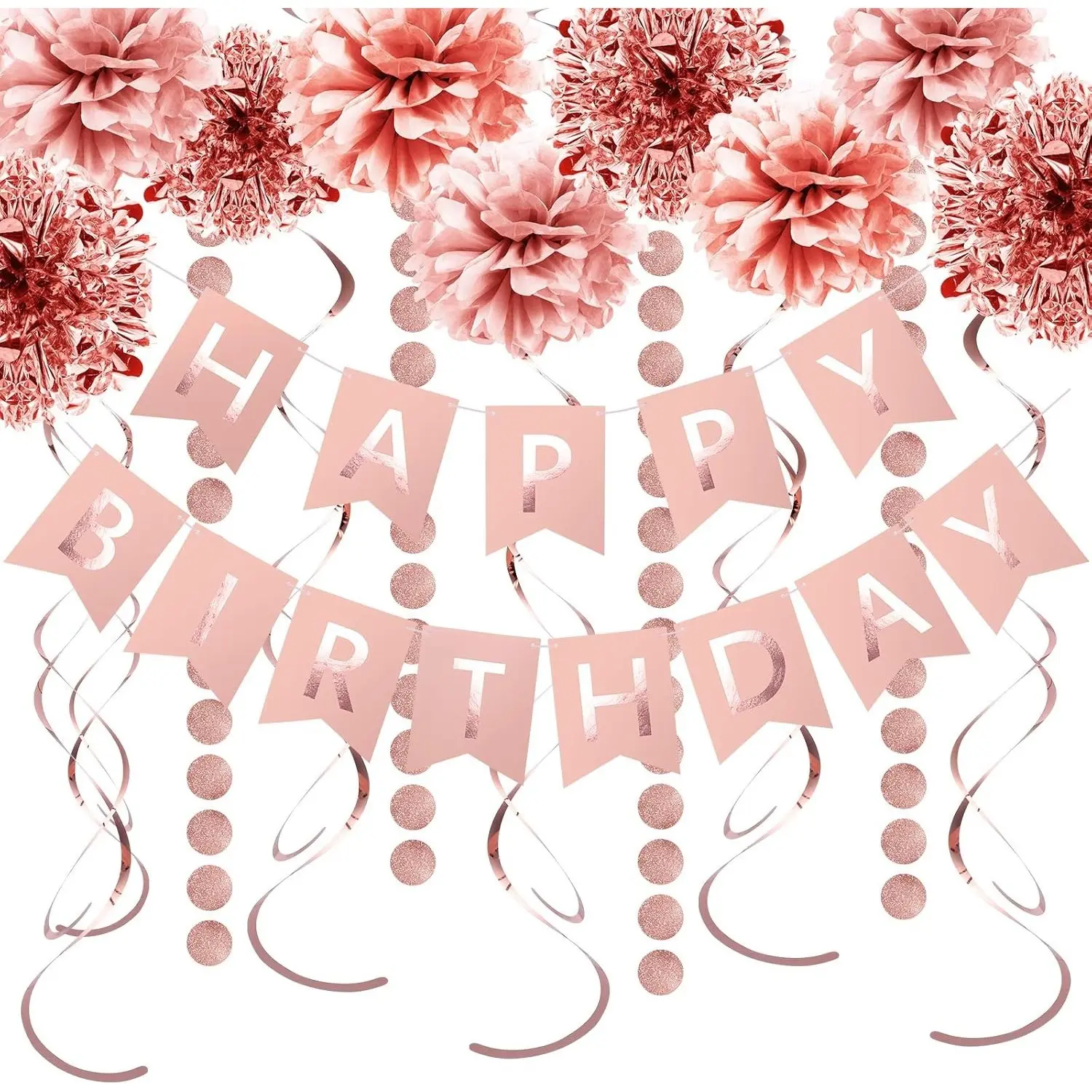 Rose Gold Birthday Party Decorations Set Glittery Happy Birthday banner Foil SwirlsTissue Paper Pom Poms Circle Dots Garland