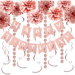 Rose Gold Birthday Party Decorations Set Glittery Happy Birthday banner Foil SwirlsTissue Paper Pom Poms Circle Dots Garland