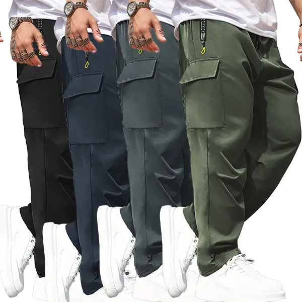4-Pack Men's Casual Solid Color Sport Pants - Camouflage Casual Work Pants - Multiple Flap Pockets, Drawstring Waist, Polyester, Outdoor Work Pants, R